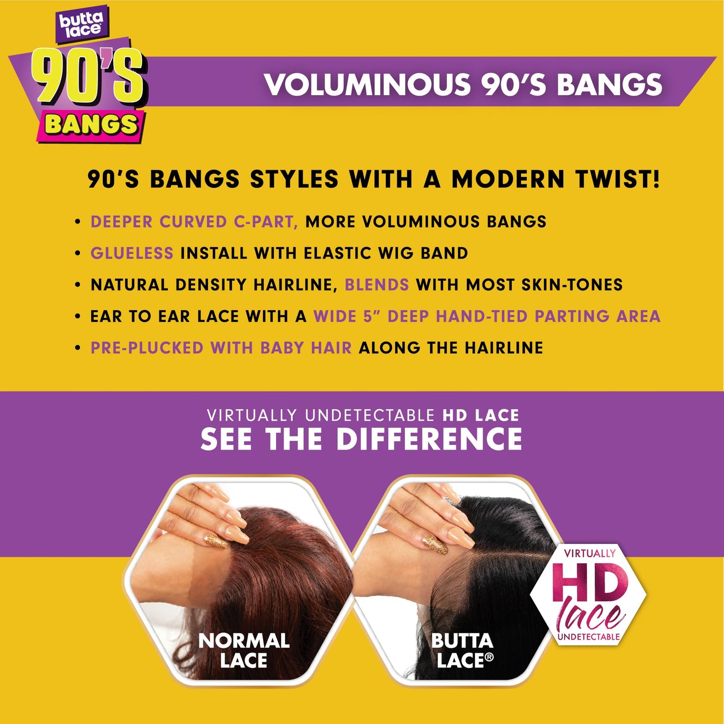 Sensationnel Butta Lace 90Sbangs Wigs - Unit 902 Glueless Wide Deep Part Synthetic Preplucked Hairline (1B OFFBLACK)