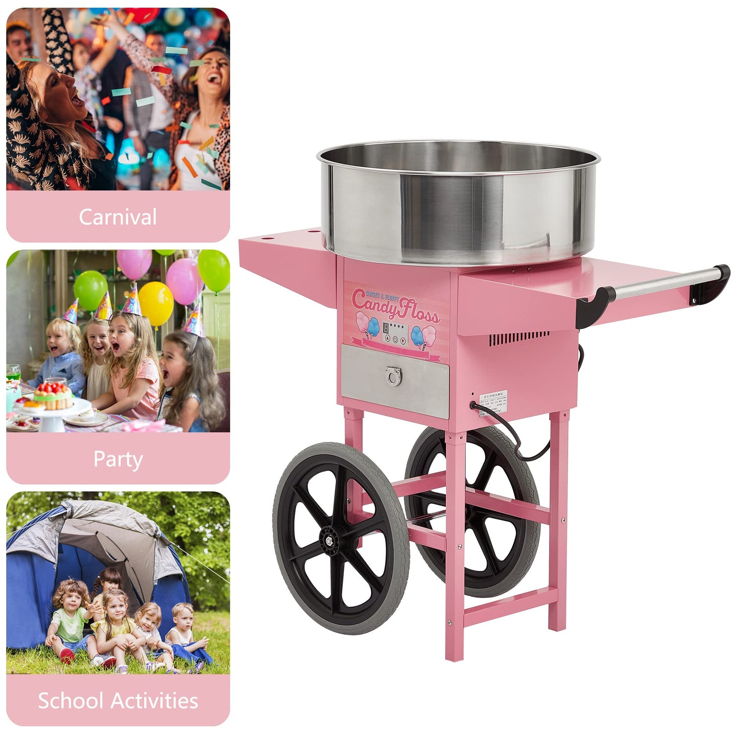 Electric Cotton Candy Machine,Stainless Steel Cart Cotton Candy Machine for Kids in Outdoors,with Sugar Spoons and Drawers,for Birthday Parties and Family Use,Pink