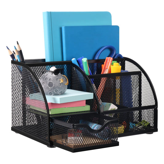 Comix Mesh Pen Pencil Holder Desk Organizer, 3 Compartment Wire Desktop Pen Pencil Cup Caddy Office Supplies Desk Accessories for Home Office School, Black