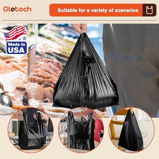 Glotoch Plastic T-shirt Bags (500 Count) Black (Plain), 11.5" x 6.5" x 21" Grocery Bags with Handles for Restaurant, Retail, Grocery Store, Takeout, Convenience, Trash, Shopping Bag Small Business