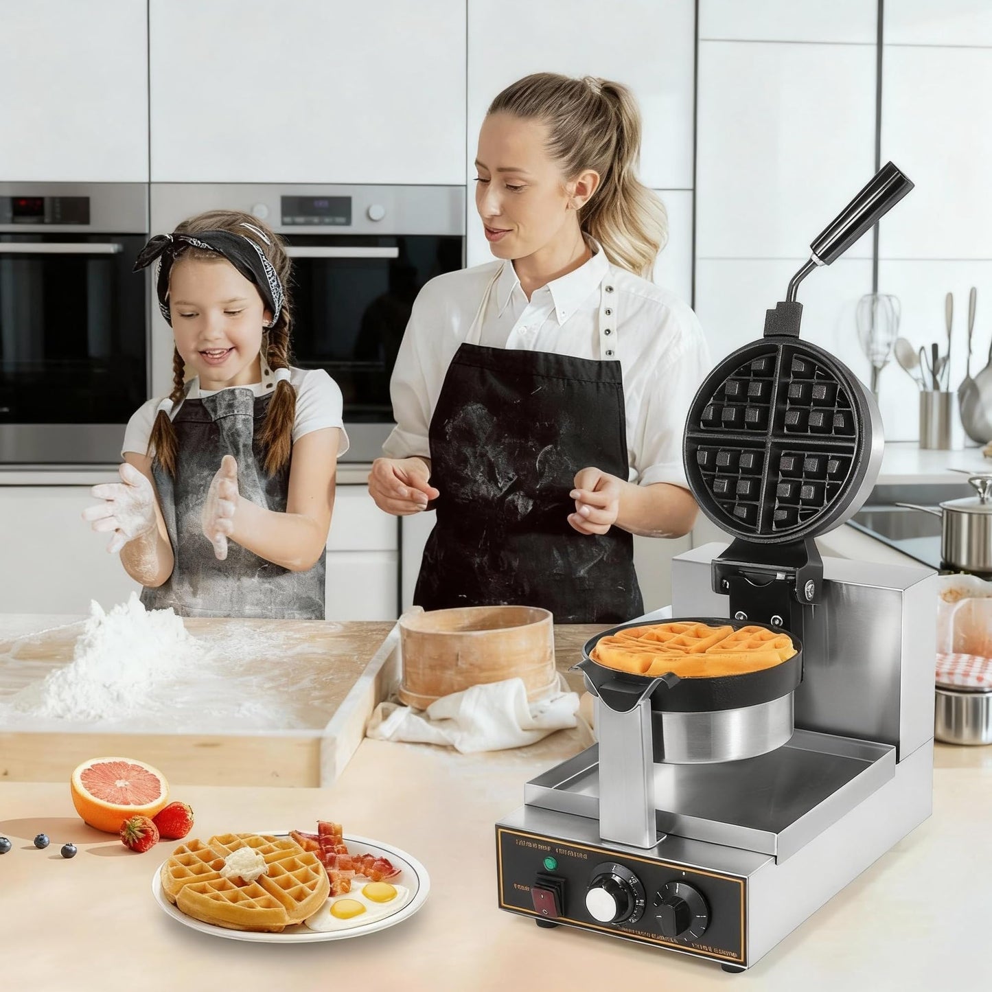 WICHEMI Commercial Belgian Waffle Maker Thick, Cast Iron Waffle Maker Rotating, 180° Flip Nonstick Time Control Temperature Adjustable 110v 1200w