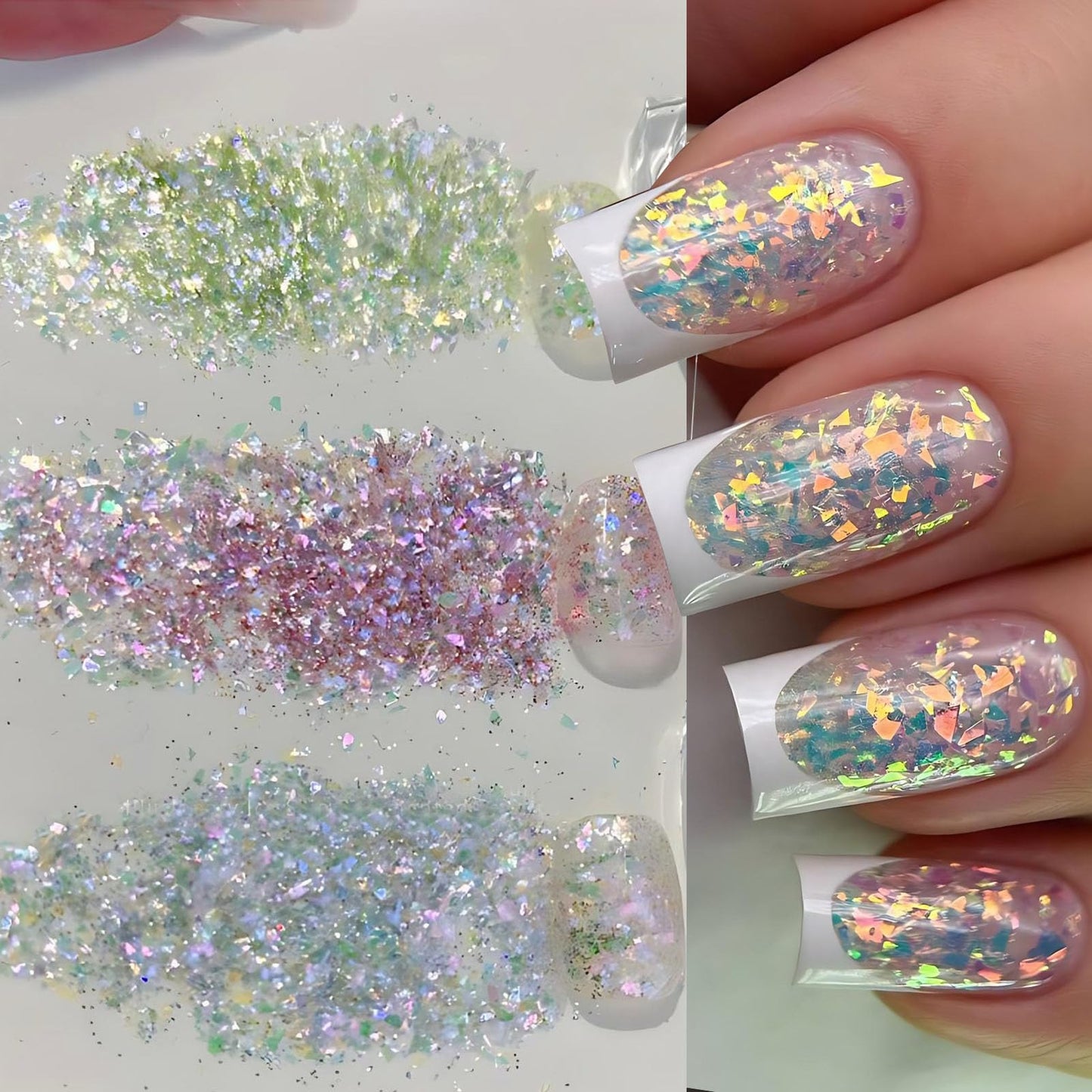 Holographic Aurora Opal Nail Flakes,12 Colors Iridescent Mermaid Nail Powder Gradient Ice Slag Nail Sequins Spring Summer for Gel Polish, Acrylic Nails, DIY Manicure & Resin Craft Supplies