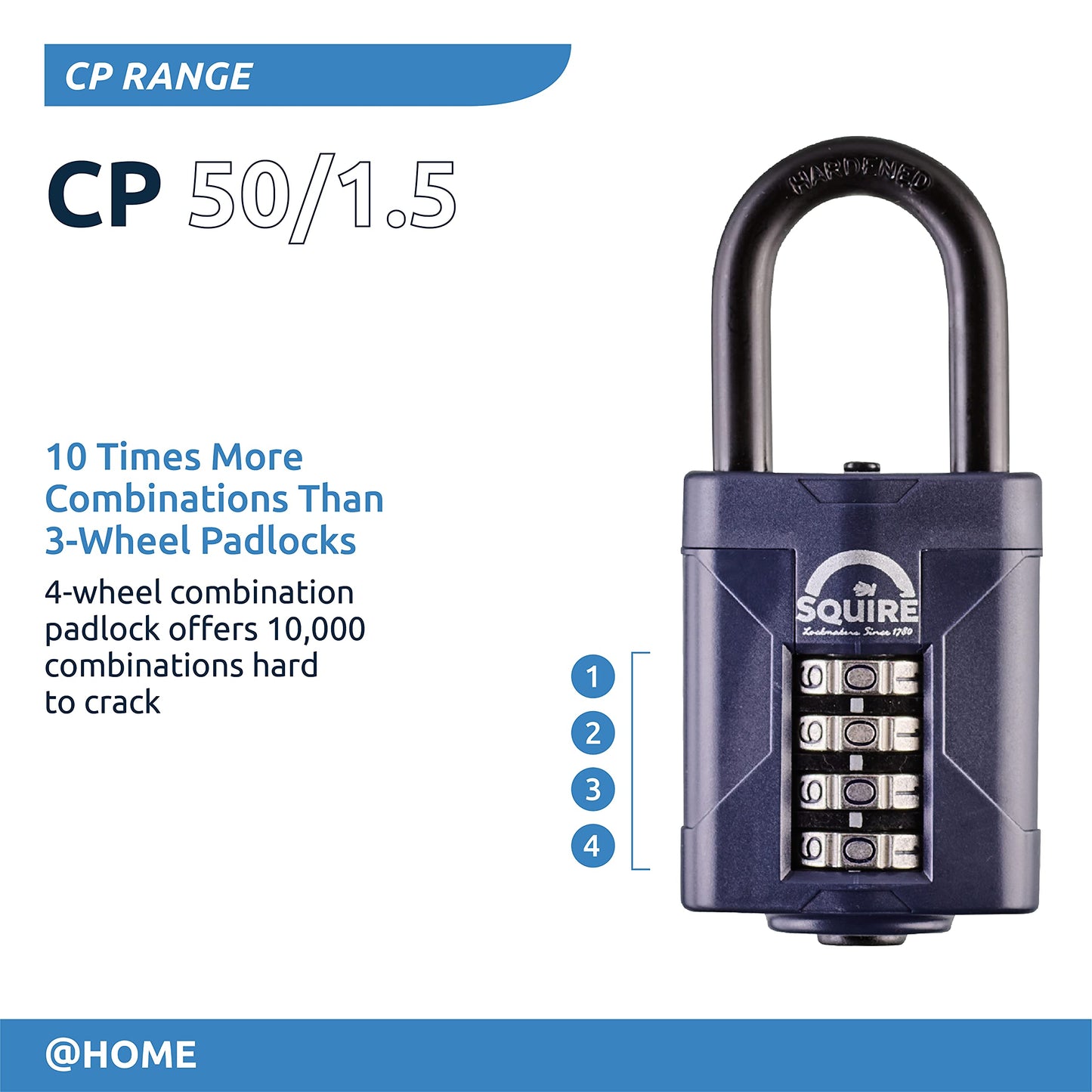 Squire Combination Padlock. Weatherproof Hardened Steel Shackle Recodable Padlock. (4 Wheel - 50mm Long Shackle (1.5"))"