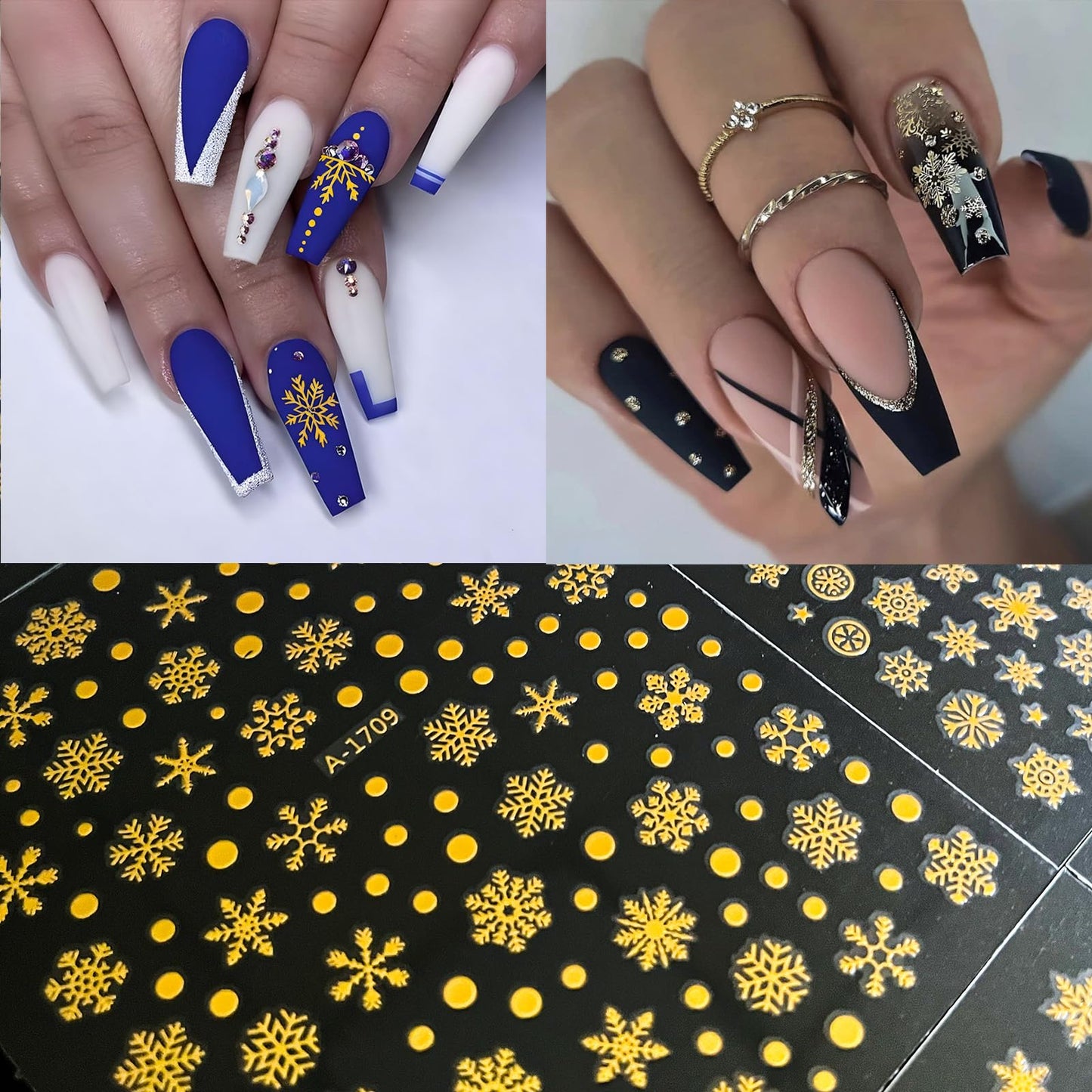 Gold Snowflake Nail Art Stickers Gold Christmas Nail Decals 3D Self-Adhesive Golden Metal Snowflake Design Nail Supplies for Women Christmas Nail Decorations