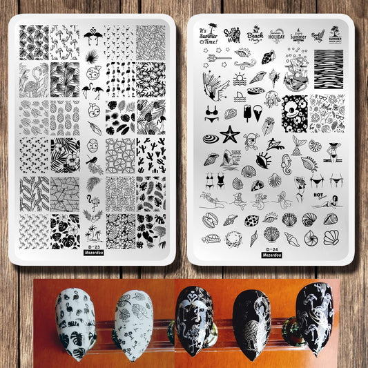 Summer Nail Art Stamping Plates Kit- 2pcs Mermaid Swan Nail Art Plate Templates Flamingo Flowers and Cute Ocean Animals Stamp Templates Set Nails DIY Design Gift for Women