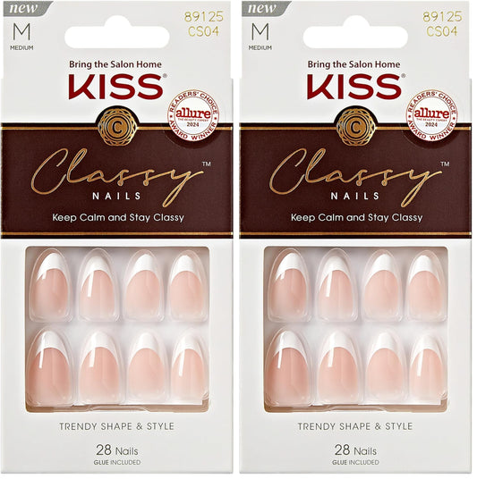 KISS Classy, Press On Nails, Nail glue included, 'Dashing', White, Medium Size, Almond Shape, Includes 28 Nails, 2g glue, 1 Manicure Stick, 1 Mini File, (Pack of 2)