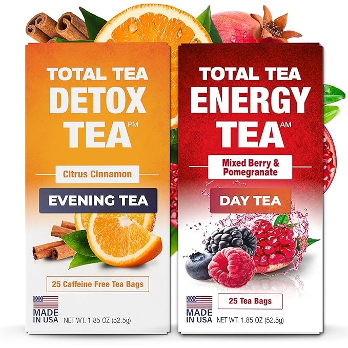 Total Tea Detox Tea & Energy Set - 25 Day Detox - Herbal SIim Tea with Chamomile - Hibiscus Tea and Ginger Root for Colon Cleanse â Natural Citrus & Cinnamon Fruit Tea for Digestive Health