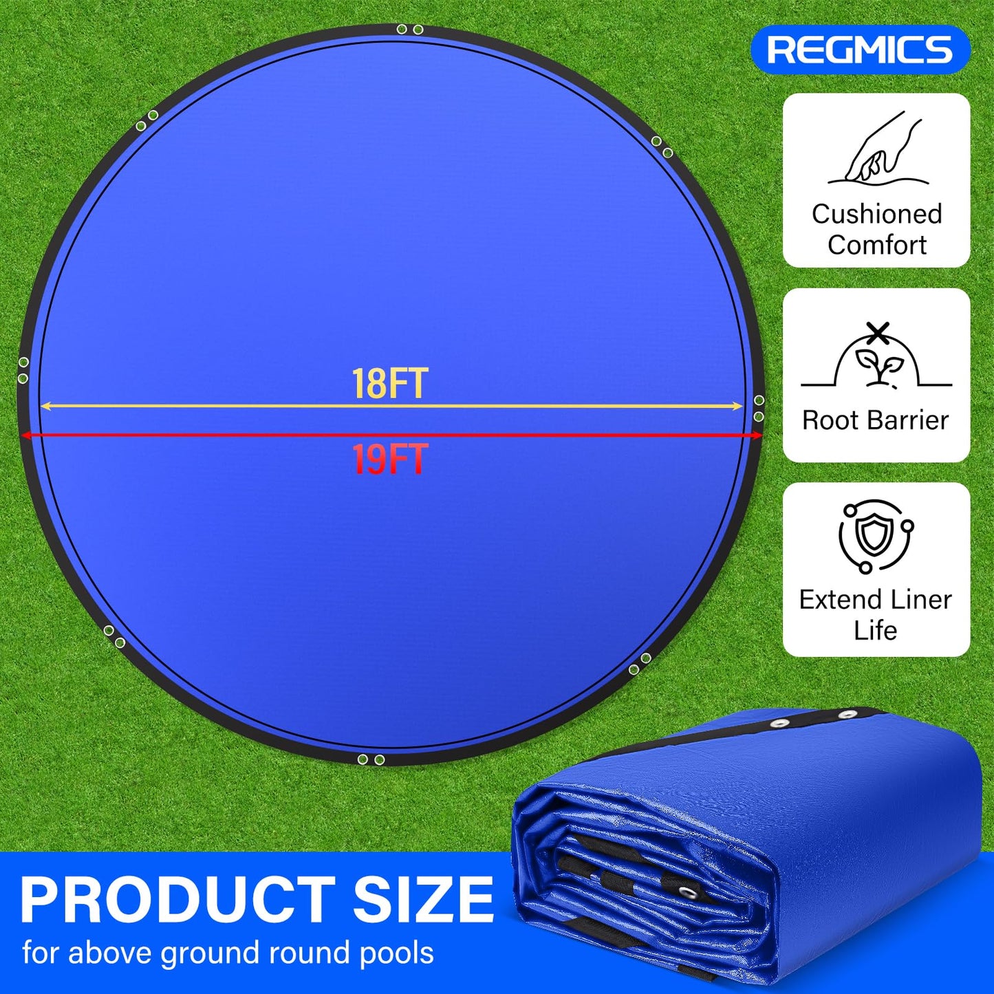 REGMICS 18FT Round Pool Liner Pad for Above Ground Pools, 165 GSM Thickened Puncture-Resistant Under Mat (19FT Actual), Heavy-Duty Underlayment with Metal Grommets