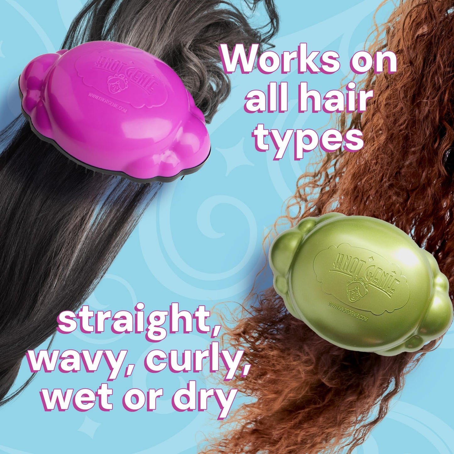Knot Genie Teeny Detangling Hair Brush for Kids (Puff of Purple) | Perfect Detangling Brush for Curly Hair, Gently Separate Tangles, Leaves Hair Smooth and Shiny | The Pain Free Knot Detangler