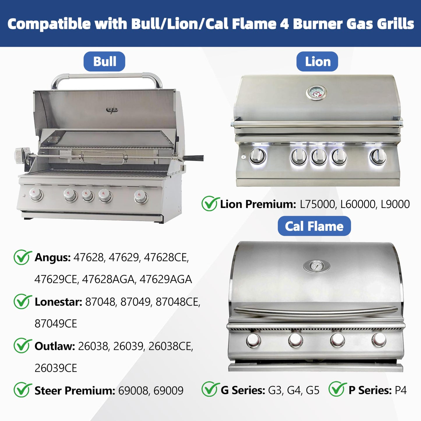4-Pack 16516 Stainless Steel Burners 16 1/8", 4-Pack 16631 Flame Tamers, and 3-Pack 16520 Heat Plate Shields, Grill Replacement Parts Compatible with Bull, Lion, and Cal Flame 4-Burner Gas Grills