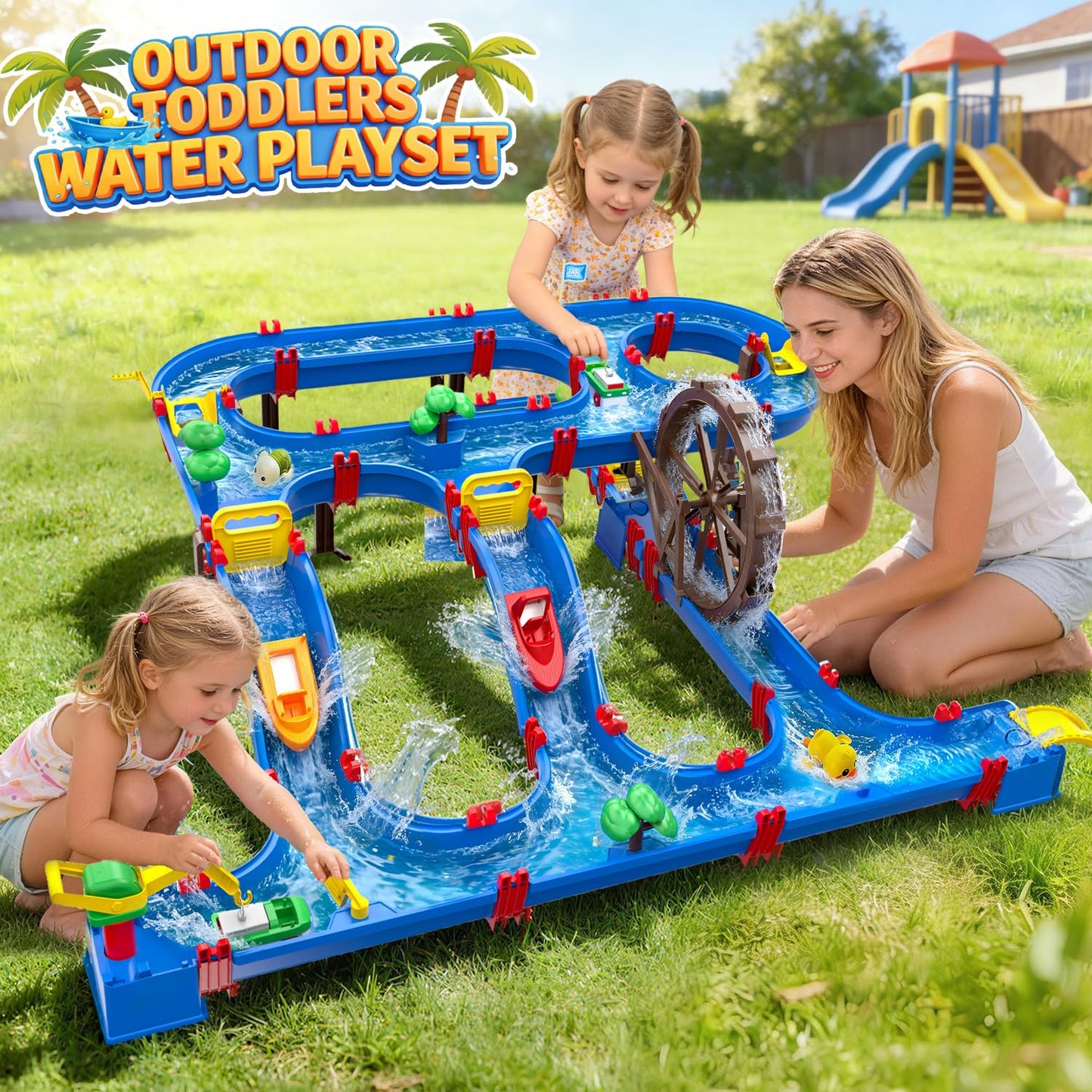 VATOS Double-Tier Watermill Summer Toy, 120 PCS DIY Water Table Toys for Kids, Girls, Boys 4-6 Years, Outdoor Water Toys Backyard, Beach, Balcony, Garden Fun Water Playset for Kids Pets