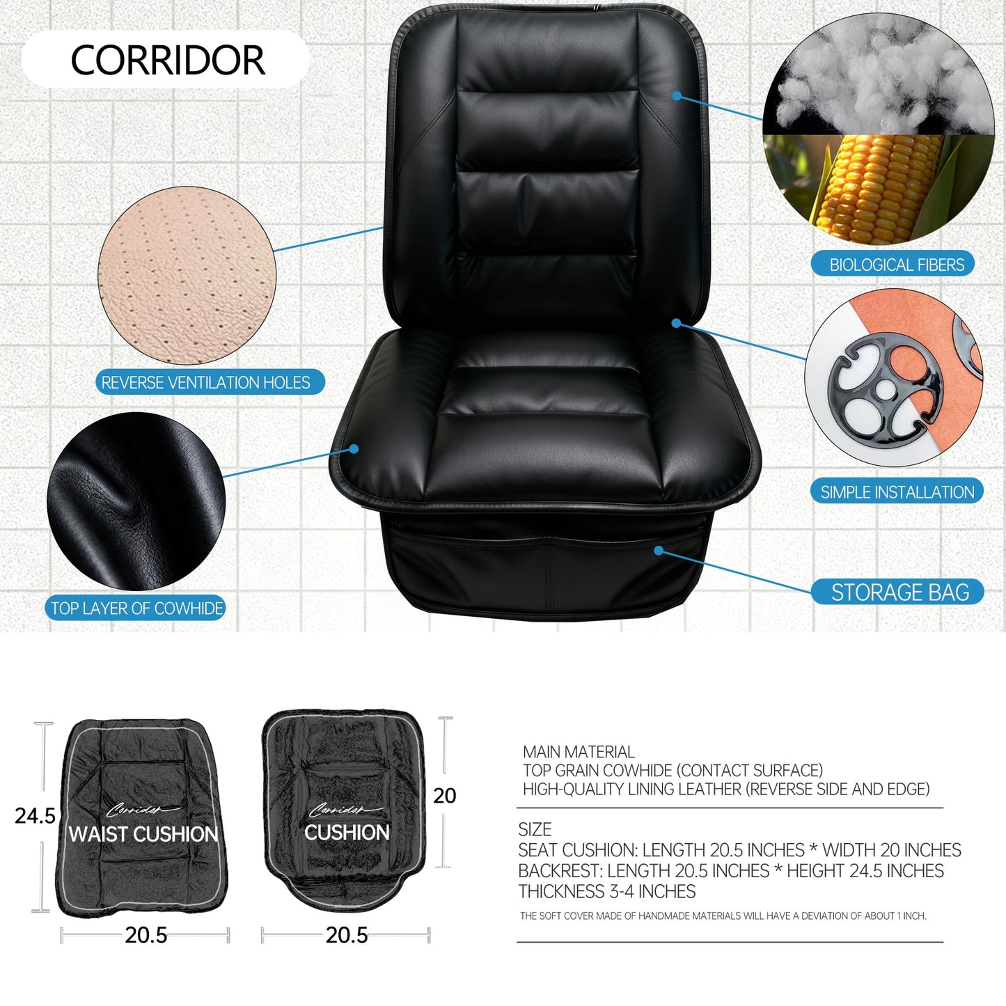 CORRIDOR Genuine Leather Seat Cushion for Car - Handmade - Relieve Hip, Pressure and Sciatica Pain - Ideal for Lower Back Pain - for Office Chair and Car Seat (Premium Black, Seat + Backrest)