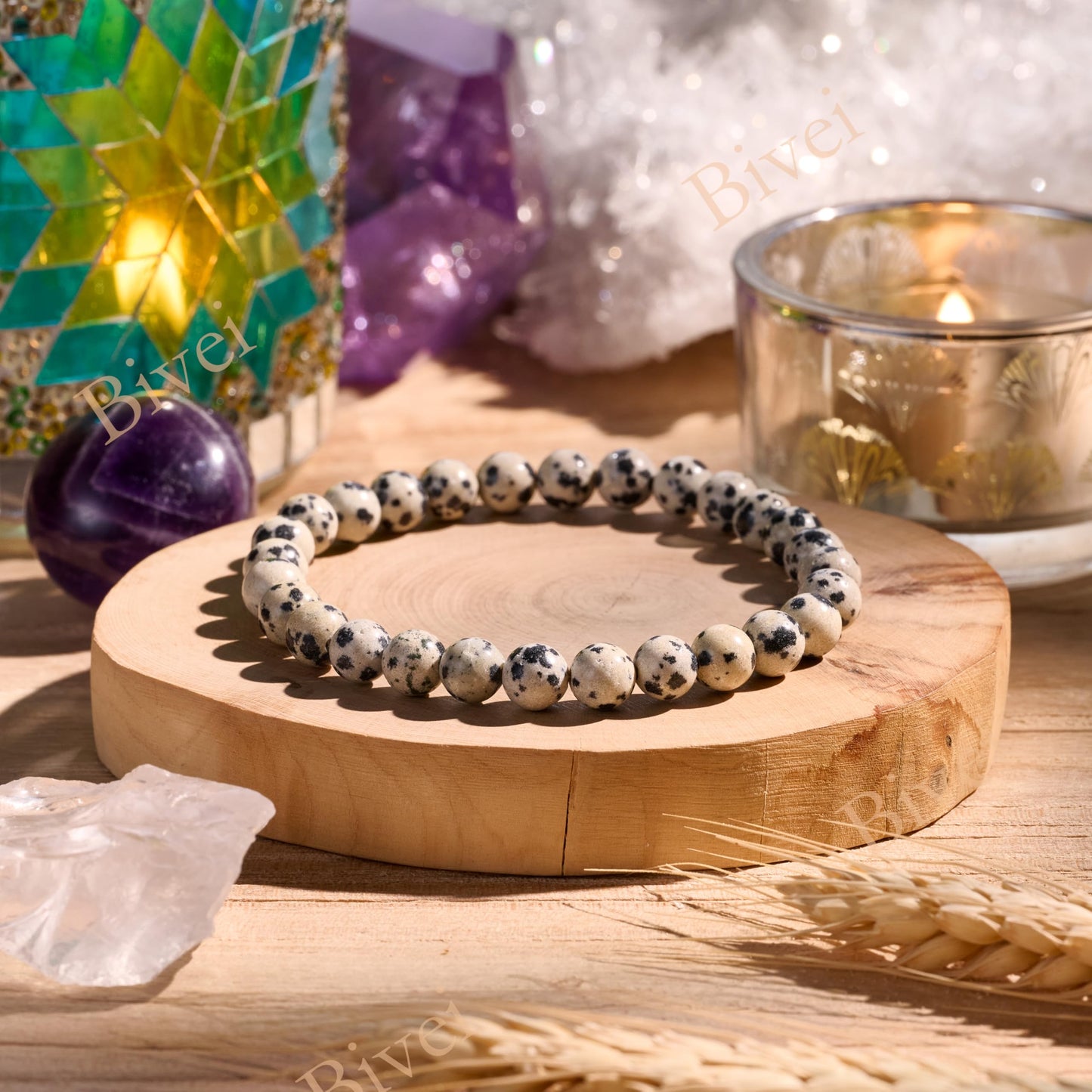 Bivei Dalmatian Jasper- Grounding & Joy - 6mm Beaded Bracelets for Women Handmade Semi Precious Natural Stone Stretch Elastic Jewelry for Women Yoga Protection Gifts