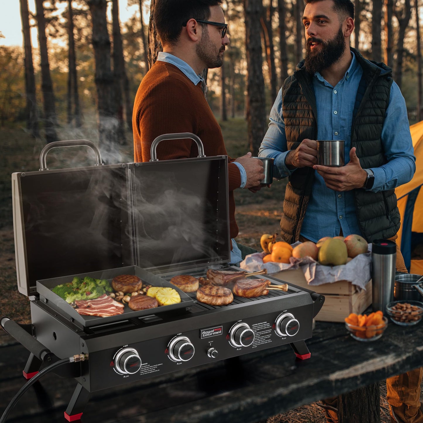 Royal Gourmet GD4002TP 4 Burner Propane Gas Grill and Griddle Combo with Hood, 2-in-1 Portable Grill Griddle Combo with 40,000 BTUs Output for Camping, Tailgating, Backyard, Black