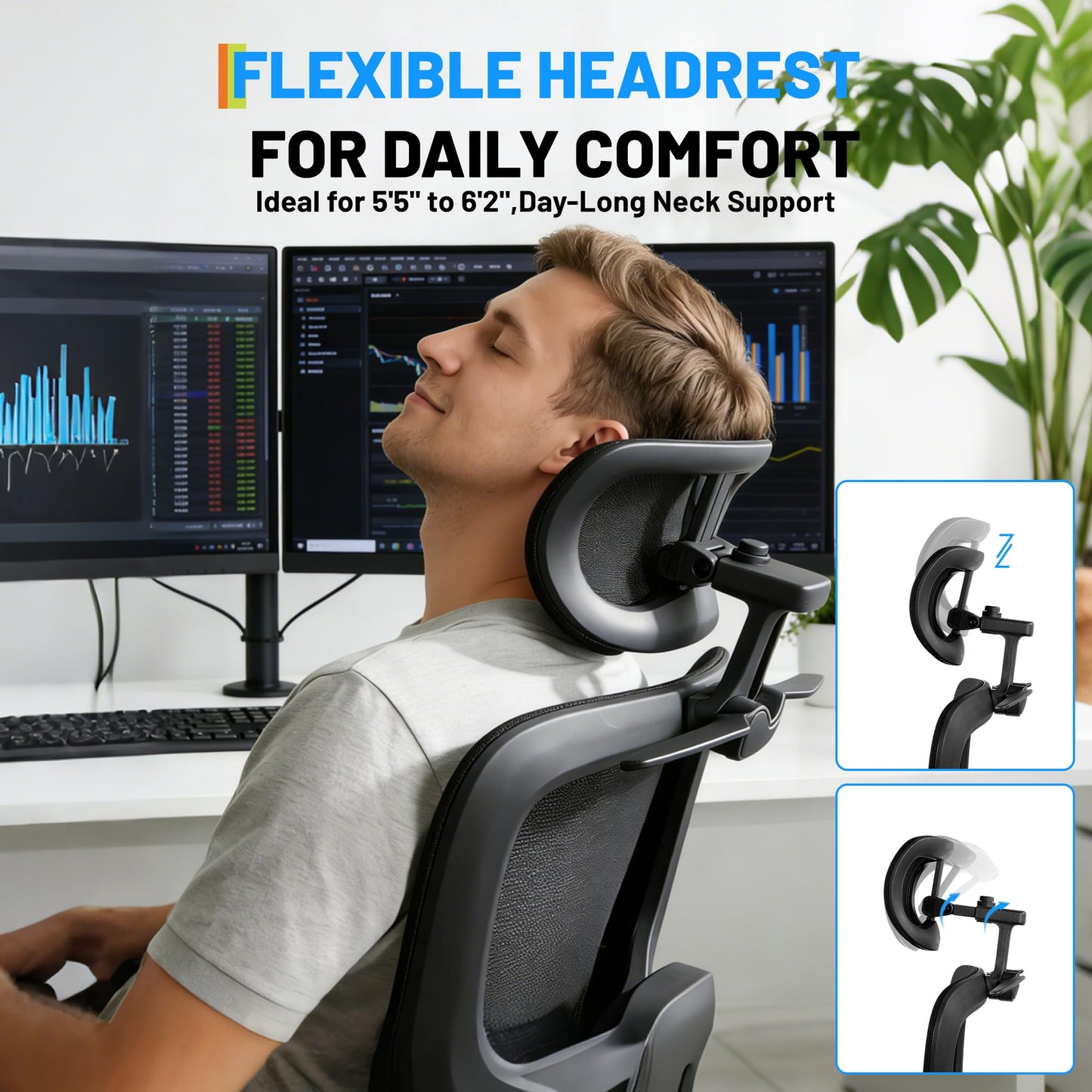 Ergonomic Mesh Office Chair, Adjustable Lumbar High Back Desk Chair 300lbs, 4D Flip-Up Arms, 3-Level Tilt Backrest, 3D Headrest, PU Wheels, Swivel Rolling Computer Seating for Long Desk Work