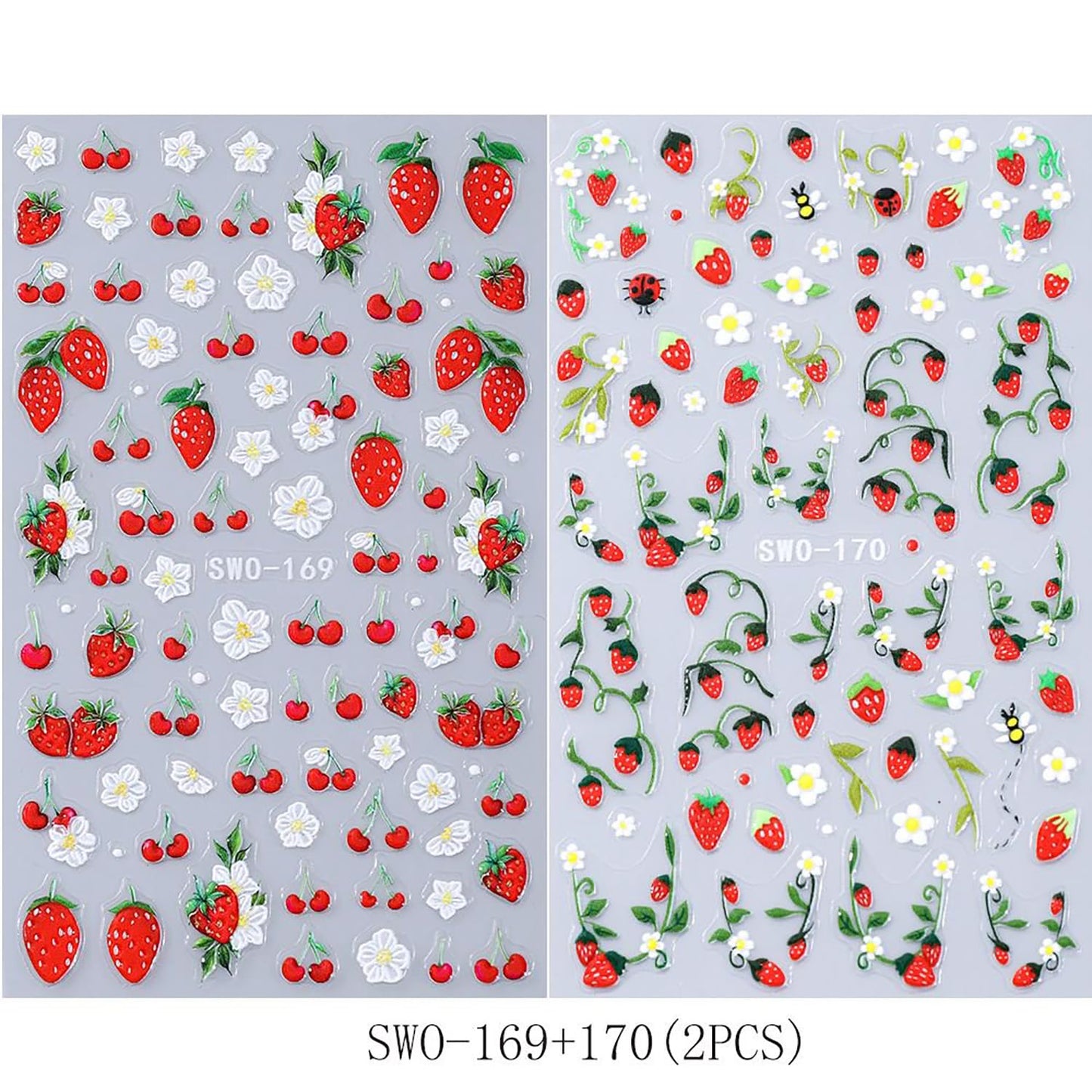 CJDLTS 2 Sheets Strawberry Flower Nail Art Stickers 3D Self -Adhesive Cute Strawberry White Floral Nail Decals Holographic Spring Nails Stickers for Women Summer Acrylic Nails Decoration Supplies
