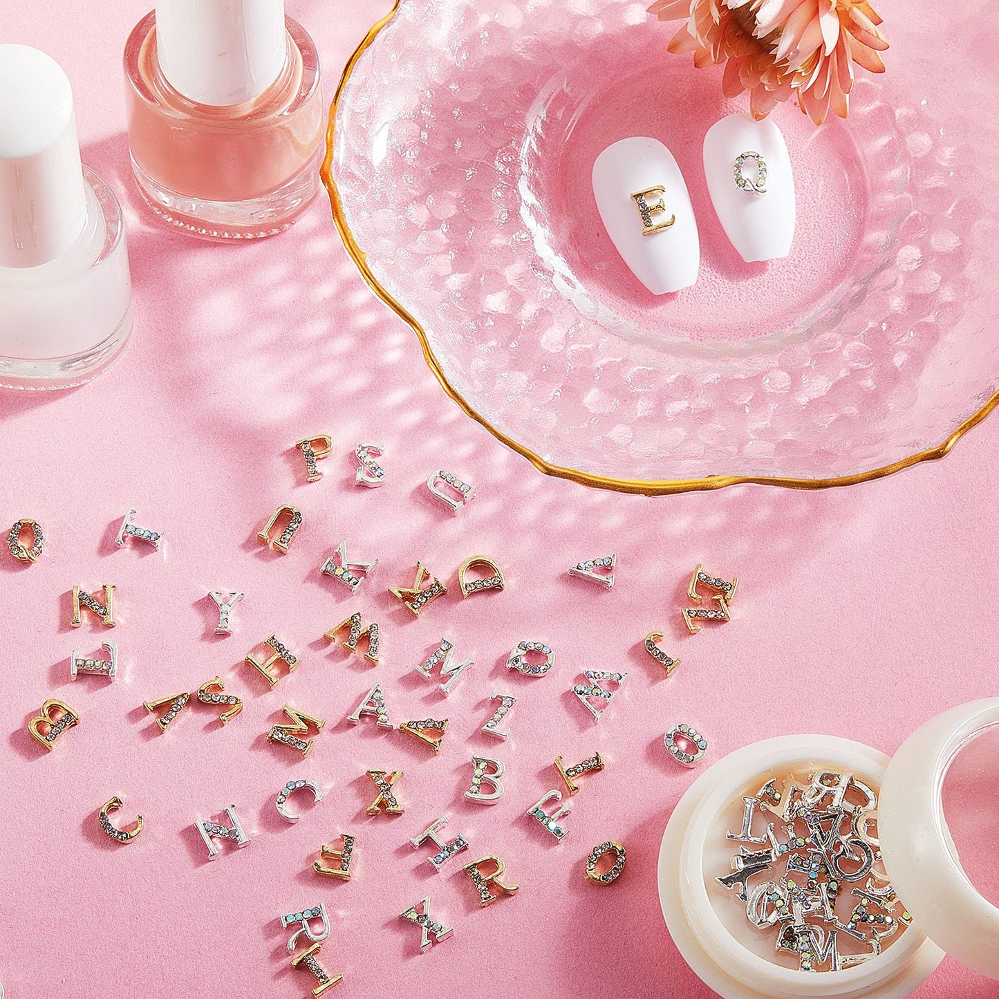 Maitys 104 Pcs Gold Silver Letter Nail Charms 3D Capital Charms Studs Letters and Rhinestone Crystal Nail Decals English Alphabet Fingernail Art Decoration for Women Female DIY Fingernail Art