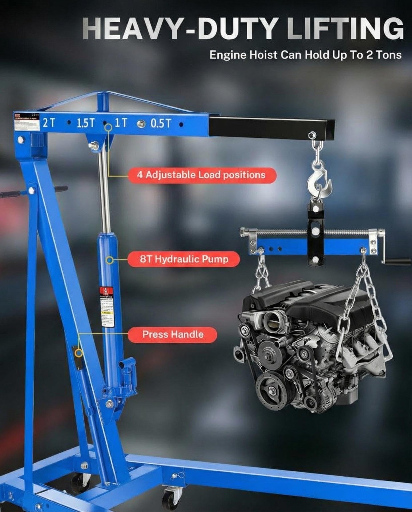 2 Ton Hydraulic Engine Hoist Crane with Lever, Folding Heavy-Duty Cherry Picker with 6 Locking Wheels & 4 Boom Positions, for Truck/SUV Engines, Garage Workshop, Industrial Lifting (Net Wt. 168 lbs)