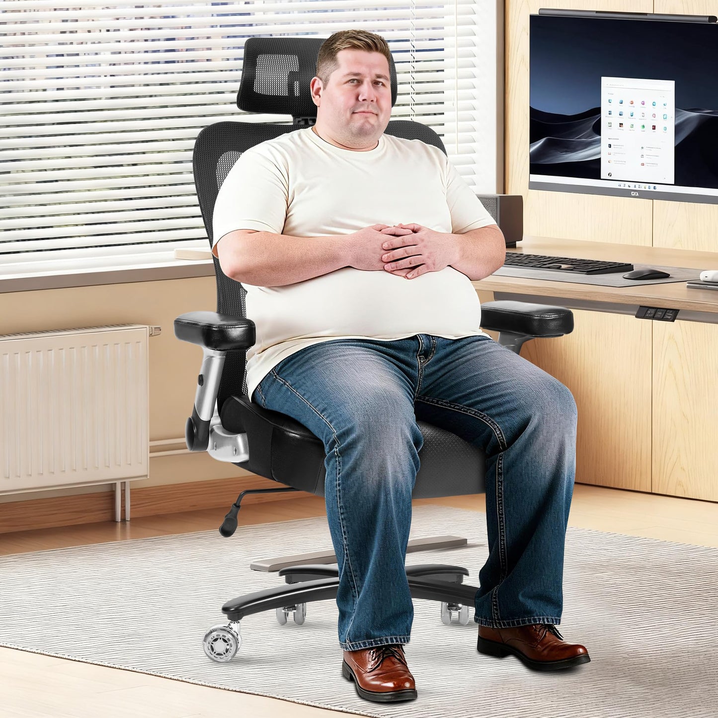 Big and Tall Office Chair 700lbs- Heavy Duty Executive Computer Chair with Rubber Wheels 3D Flip Arms, Ergonomic Mesh High Back Desk Chair, Extra Wide Seat Adjustable Lumbar Support & Headrest