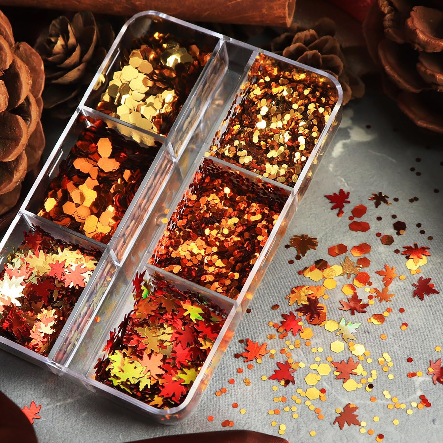 CJDLTS 6 Grid Fall Maple Leaf Glitter Sequins Nail Accessories Thanksgiving Day Glitter Manicure Mix Hexagon Circle Nail Art Glitter Flakes, 3D Nails Supplies Jewelry Studs Nail Decoration for Women