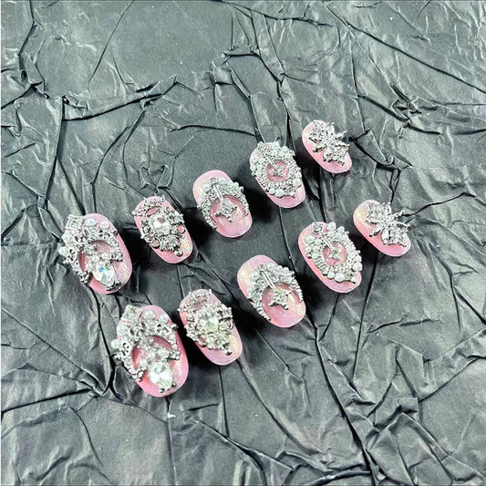 Short Press on Nails Handmade Nails 10Pcs Palace Style Pink Cat Eye Nail Art Manual Press on Nails for Women Party Holiday Photo 18mm Long Size L