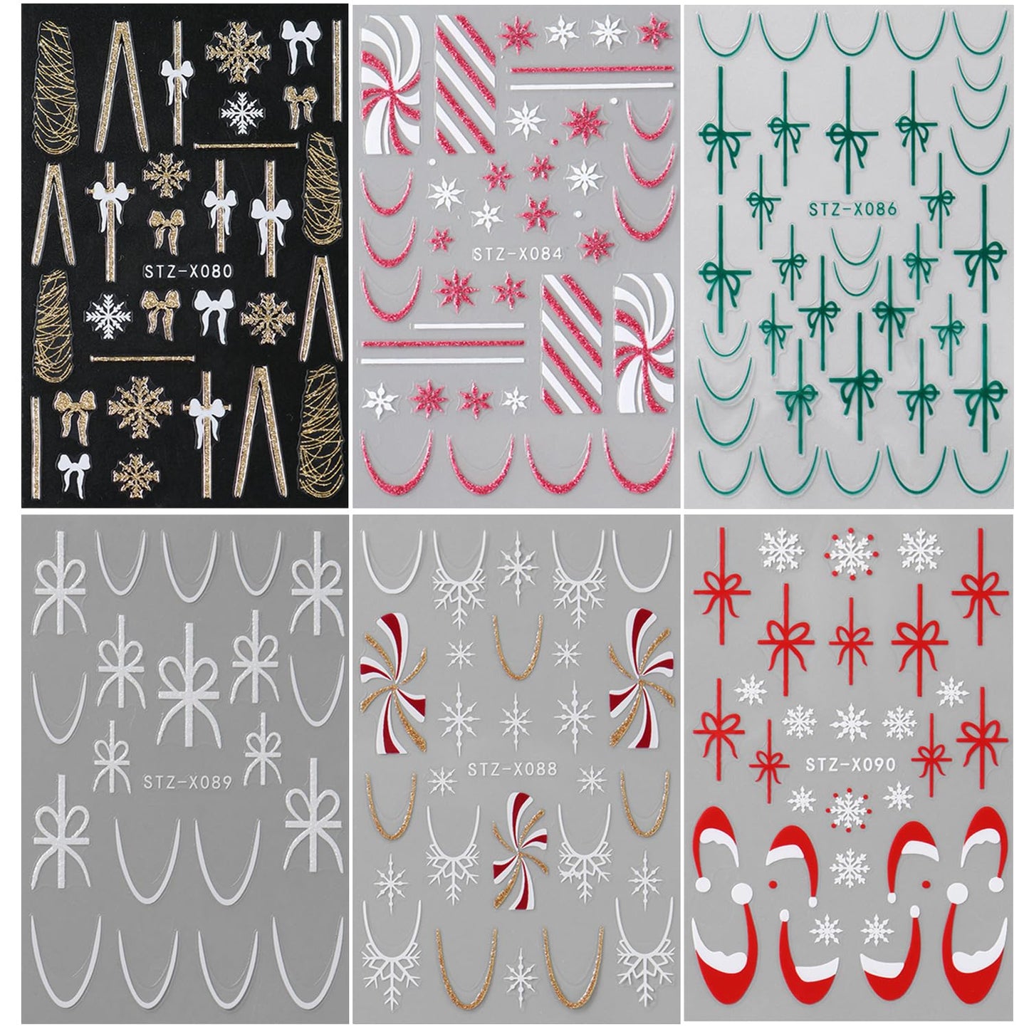 Christmas French Nail Stickers Decals with Christmas Cartoon Snowflakes, French Lines, Bows, Santa Hats Design Snowflake Gift Xmas Nail Sticker Nail Tip Winter Holiday Manicure Decor for Women