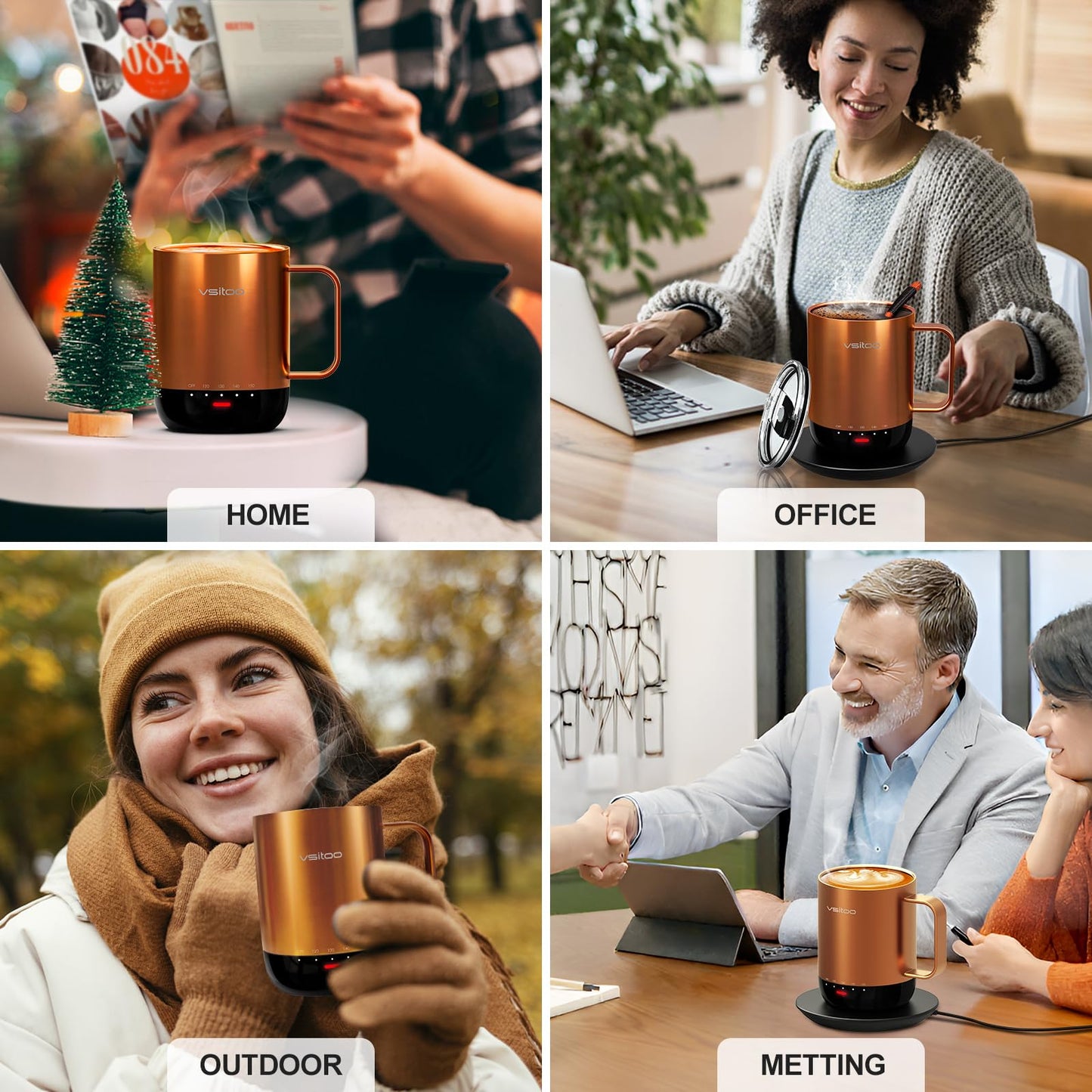 Vsitoo S3 Pro 14oz Smart Self Heating Coffee Mug,Heated Coffee Mug with Auto-Sensing AI Heats Drinks to 120-150°F Hands-Free.Perfect for Home/Office,Ideal Gift fo Men/Women，Copper