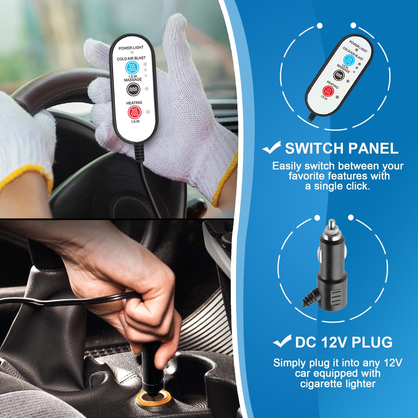 Cooling Car Seat Cushion with 16 Fans, Massage & Adjustable Temperature 12V Seat Cooler Ventilated Seat Cover for Car Fit Summer Winter (3 in 1, Black)