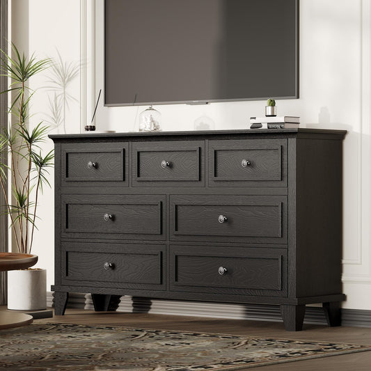 IDEALHOUSE 7 Drawer Dresser, Large Wooden Storage Chest of Drawers with Exquisite Metal Handles, 47" Wide Dresser TV Stand, Drawer Organizer for Bedroom, Living Room, Hallway, Entryway, Black
