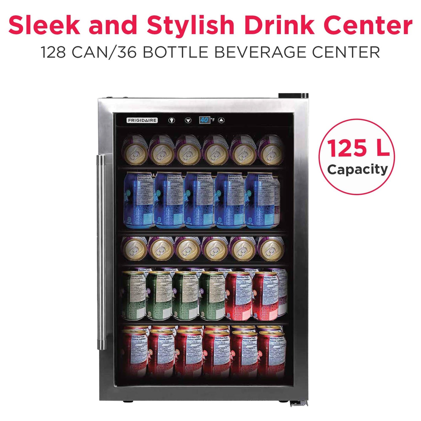 Frigidaire Beverage Refrigerator, Fridge with Glass Door, Compact Mini Fridge with Digital Temperature Control, Fits 115 Cans or 34 Bottles, 96L Capacity - 19.1" D x 17.5" W x 31.2" H