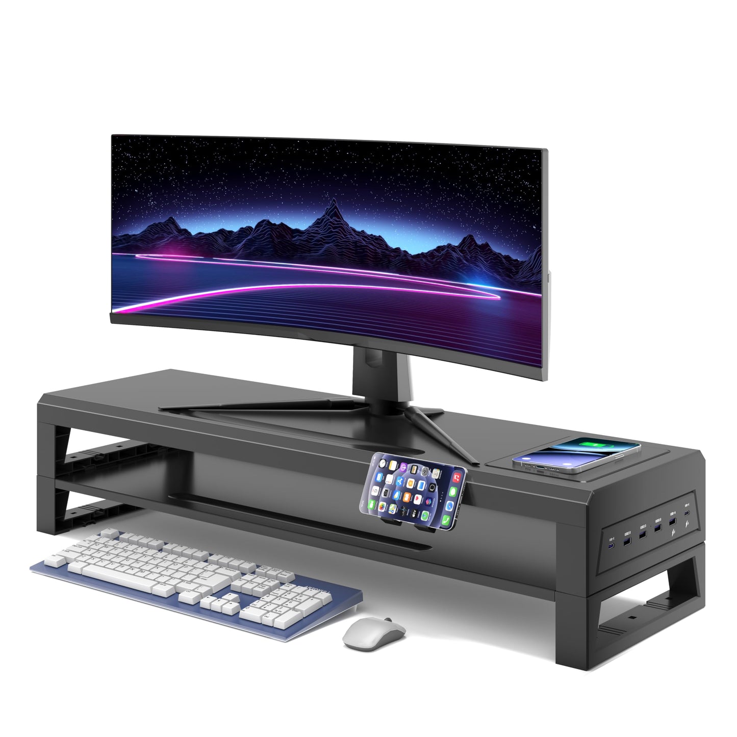 GECKOSTROLL All-in-One Dual Monitor Stand Riser, 5USB Ports and WirelessCharging Pad for MonitorsDesk Organizer for PC, iMac (Wireless Charging, Two-layer 700mm)