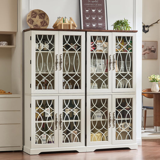 Joaxswe 67" Tall Pantry Cabinet Set of 2, Vintage Kitchen Pantries Cabinets with Glass Doors & Adjustable Shelves, Wood Cupboard with Large Storage for Dingning Room, Bathroom, Antique White