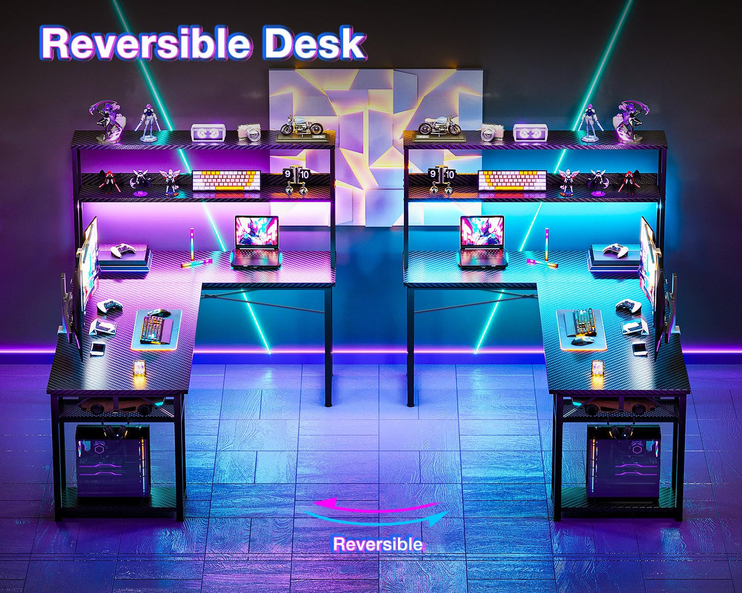 ODK 61" L Shaped Gaming Desk with Hutch & Headphone Hook, Corner Computer Table with Storage Shelves for Home Office, Black