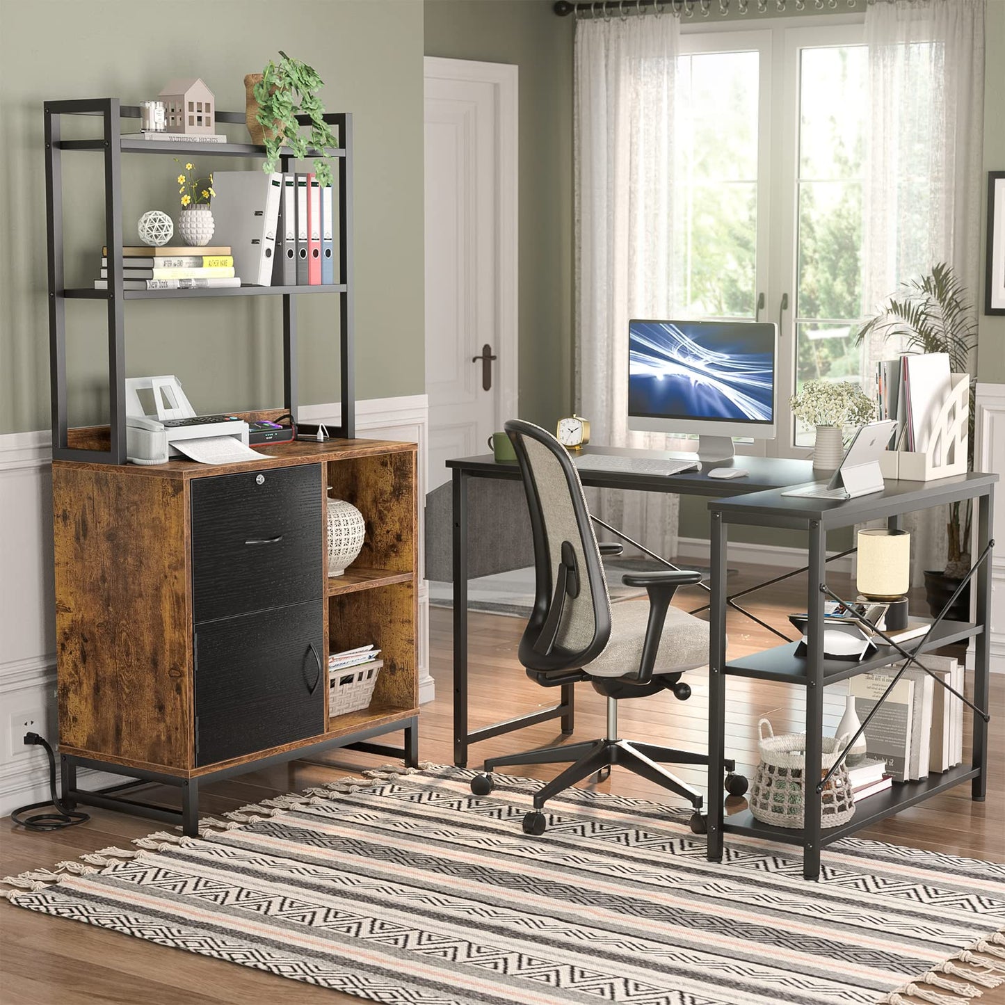 Homieasy Vertical Filing Cabinet with Bookshelf for Home Office, File Cabinet with Shelves, Lock & Charging Station, Drawer Office File Cabinets with Printer Stand, fits Letter Size, Rustic Brown