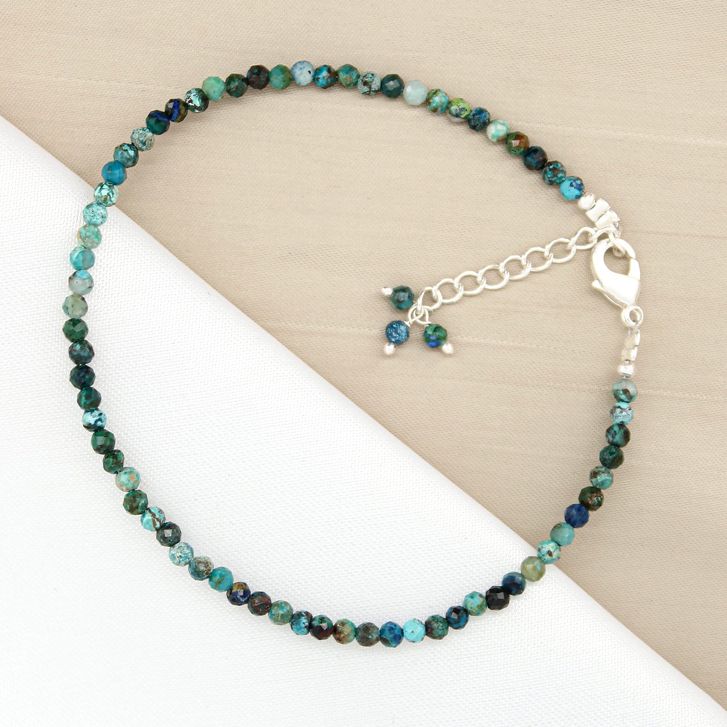 Gempires Chrysocolla Bracelet for Women | Handmade Chrysocolla Beaded Bracelet 2.5 mm | Natural Gemstone Dainty Stacking Bracelet | Adjustable Silver Plated Minimalist Jewelry | Gift for Her
