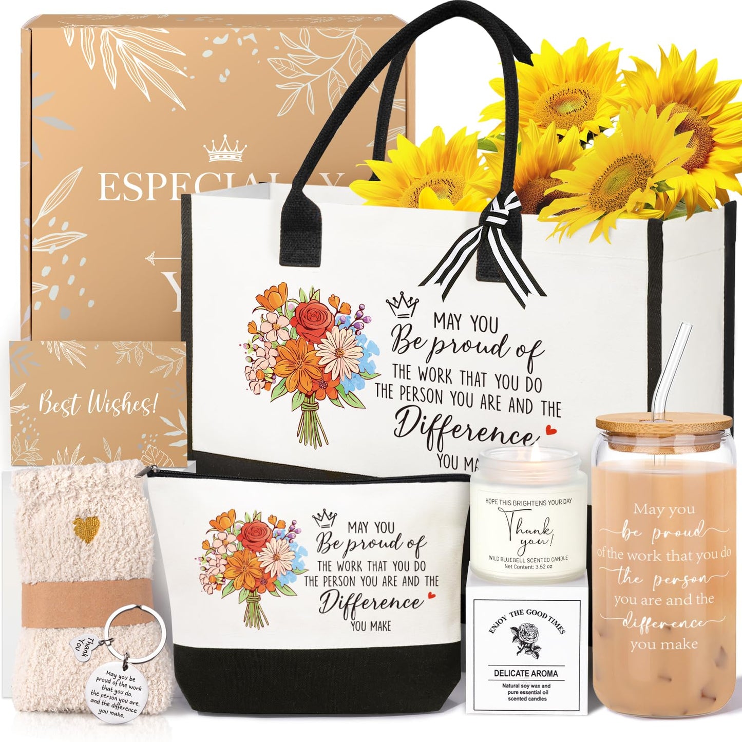 iAOVUEBY Thank You Gifts for Women, Employee Appreciation Gifts Baskets for Women, Coworkers Teacher Nurse Secretary Mentor Retirement Thank You Gift Ideas, Canvas Tote Bag Tumbler Gratitude Gift Box