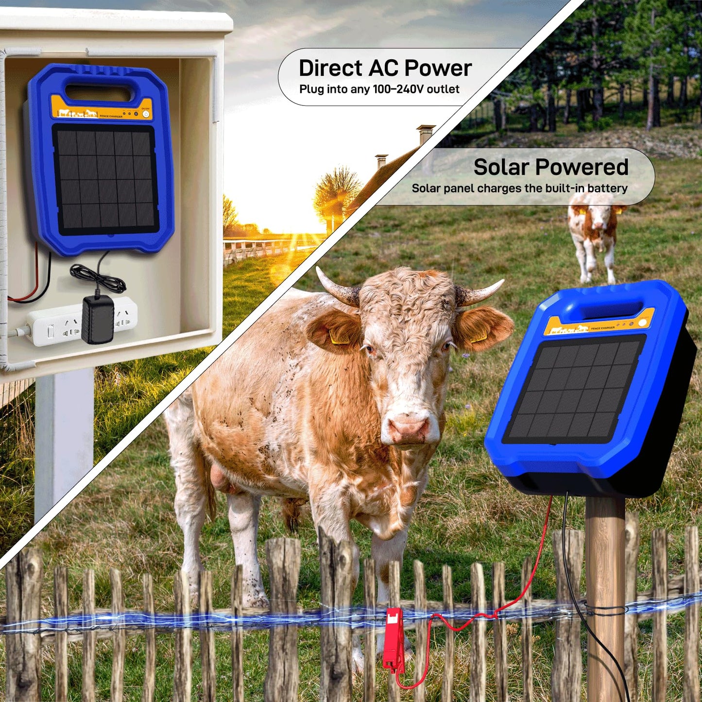 DfuGift Solar Electric Fence Charger - 0.5 Joule Output up to 5 Miles, 8000V Solar Powered Fence Energizer for Livestock, Cattle and Horse, IP55 Weatherproof Controller with Day/Night Mode