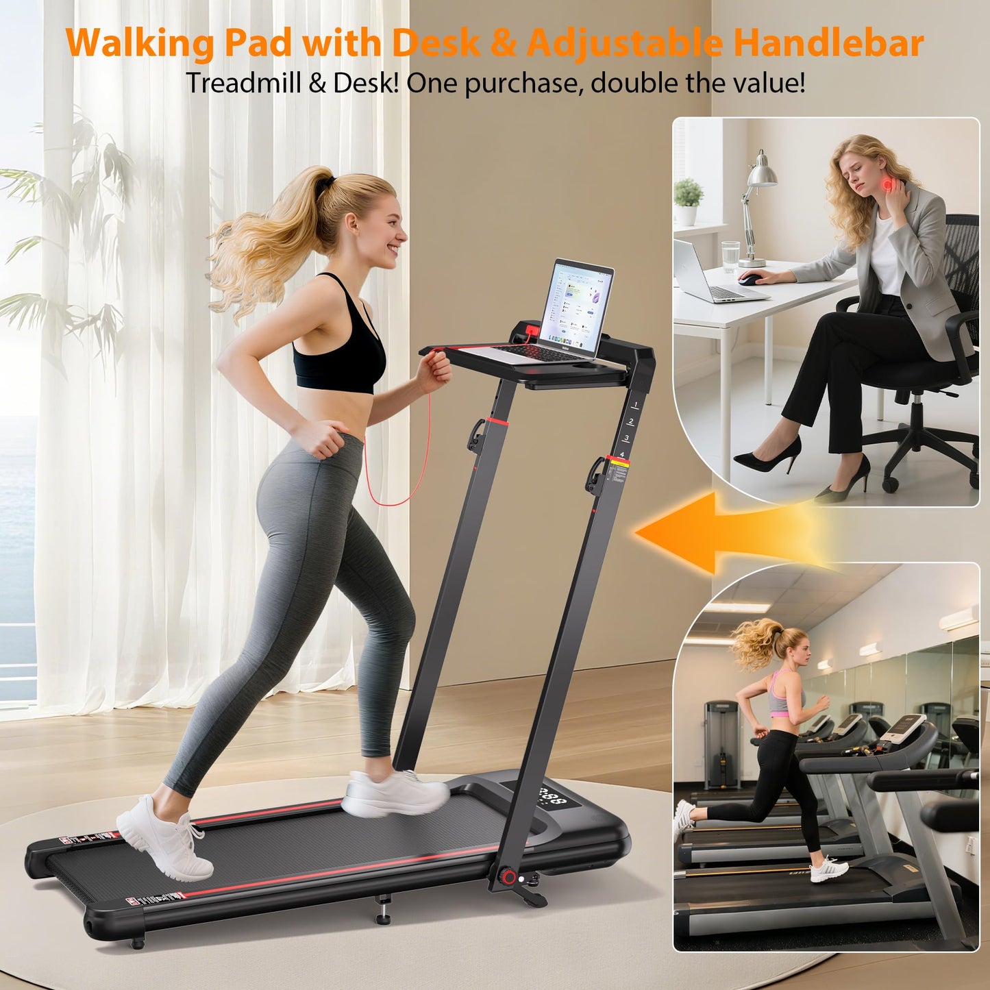 HiFast Walking Pad Treadmill with Desk Workstation, 3.0HP Under Desk Treadmills with 8% Incline Handle Bar, Foldable Portable Treadmill for Home Office, 300lbs Capacity, Remote Control, APP