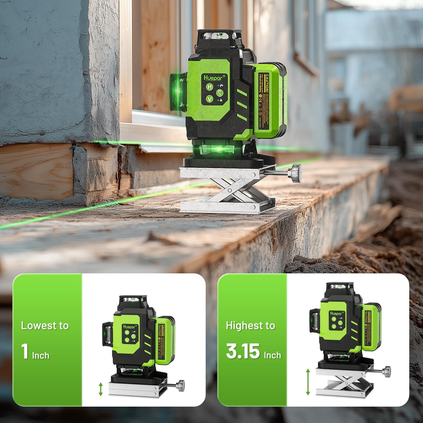 Huepar Laser Level, Self-leveling 16 Lines Green Beam 4D Cross Line Tiling Floor Laser Tool-2 x 360 Horizontal & 2 x 360 Vertical Laser Lines with Two Li-ion Batteries and Hard Carry Case-LS04CG