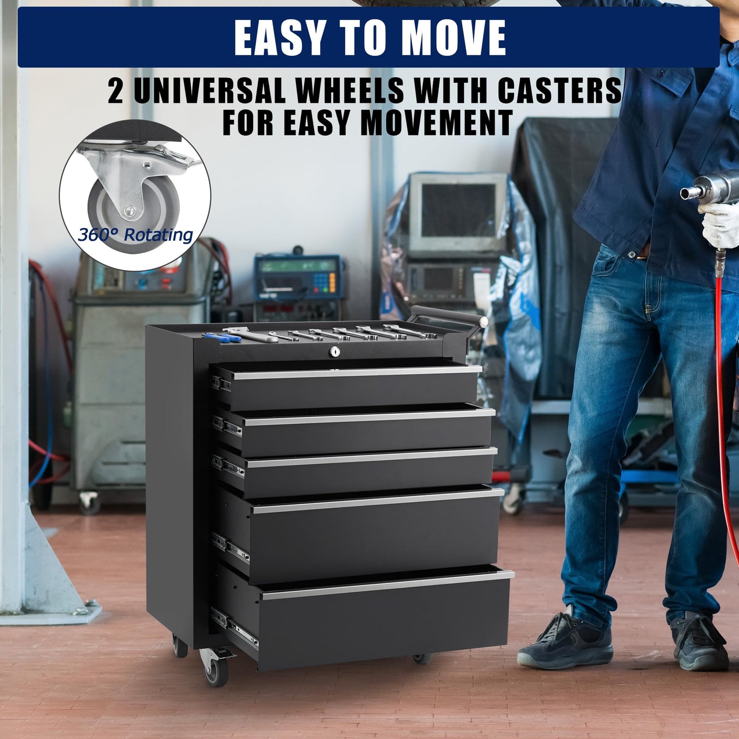 MilleLoom Professional Workstation Version 24" 5-Drawer Rolling Tool Chest - Lockable Storage Cabinet with Wheels for Workshop & Garage Organization