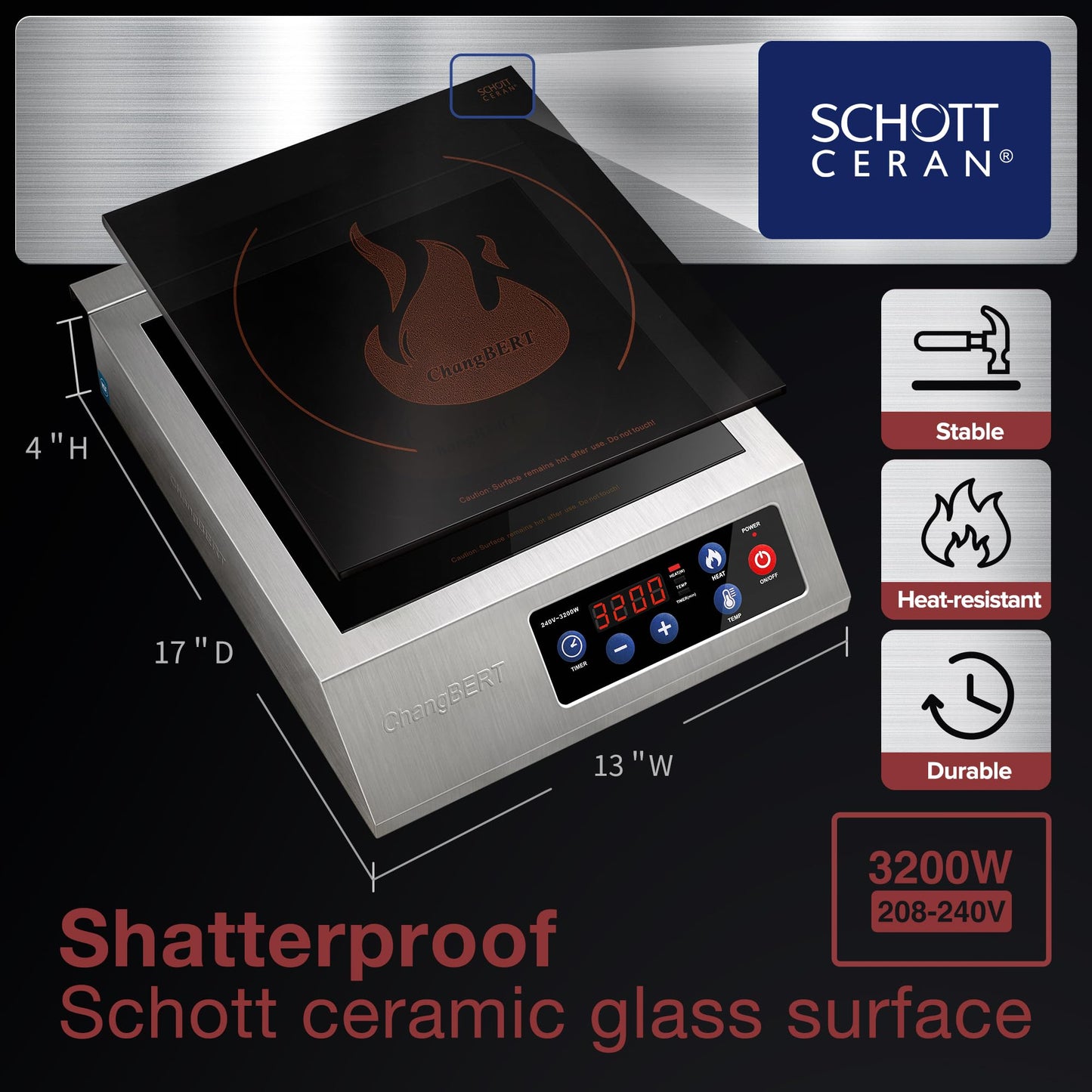 ChangBERT Portable Induction Cooktop 208-240V 3200W NSF Certified Commercial Range Countertop Burner Pro Chef Professional Hot Plate High Power 18/10 Stainless Steel Housing Schott Glass