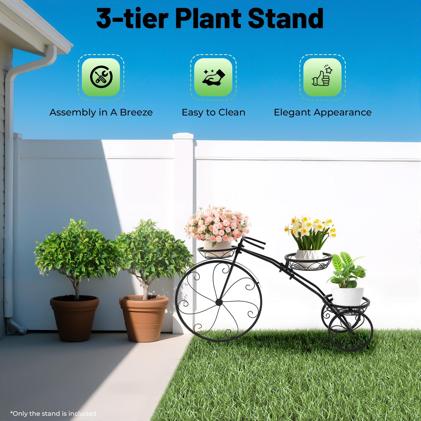 PROYONGOO Bicycle Planter, 3 Tier Tricycle Flower Plant Stand with Wheels, Bicycle Planters for Outdoor Plants, Entryways, Living Rooms, Sunny Windows, Staircases, Screened Terraces