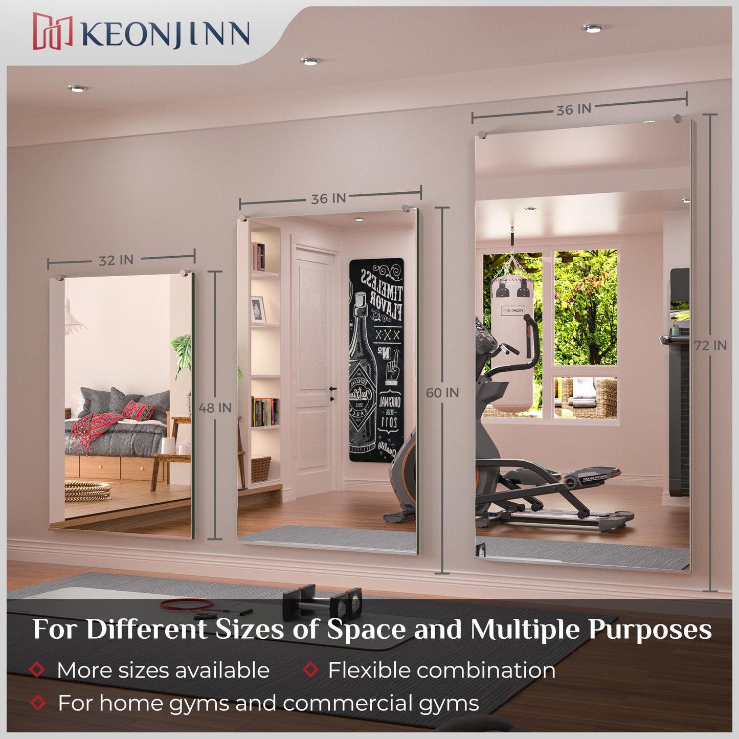 Keonjinn Home Gym Mirror 72" x 36" Large Wall Mounted Rectangular Full Length Mirror for Fitness, Dance Studio, Garage, Home Gym Decor, Oversized Activity, 1 PC