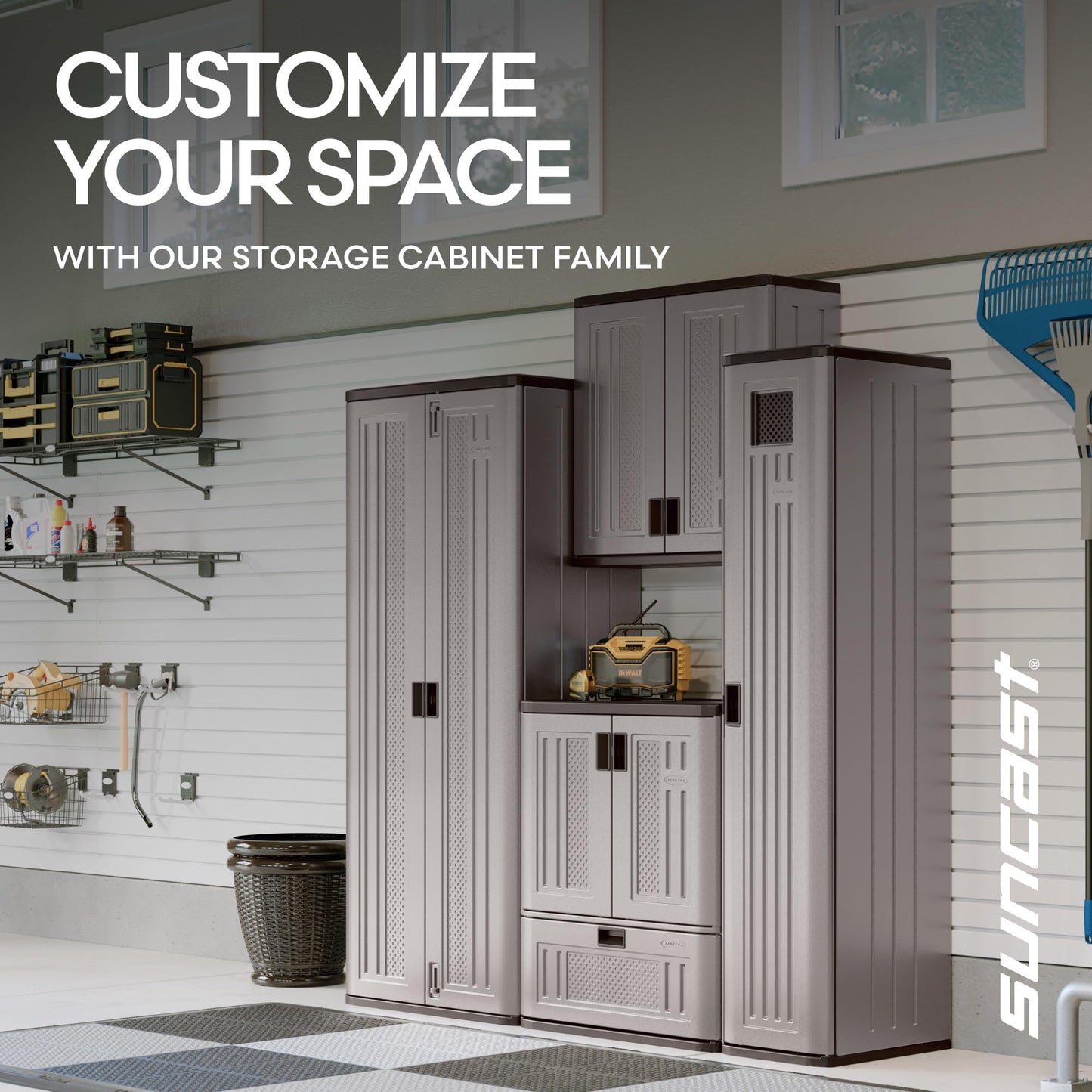 Suncast Tall Storage Cabinet, Platinum Resin Garage Storage Cabinet with Doors & Shelves, Lockable, Freestanding Utility Closet for Tools & Supplies, Made in USA