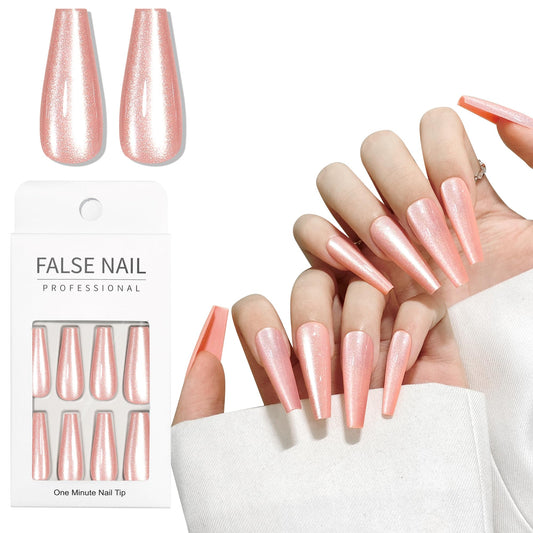 Pink Cat Eyes Press On Nails,12 Sizes - 24 Pcs Soft Gel Pink Long Coffin Fake Nails Kit with Nail Glue, Natural Reusable Stick On False Nails for Women and Girls SK1049