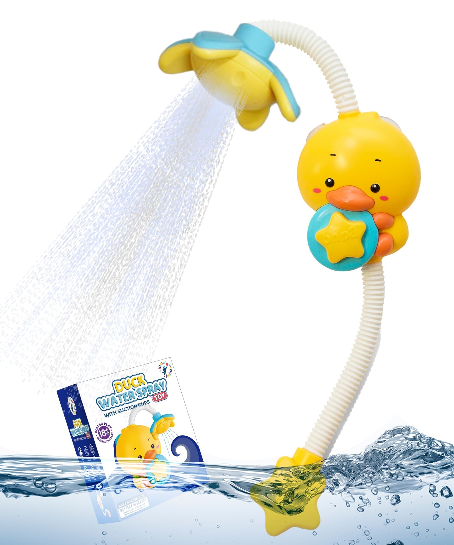 Yellow Duck Water Spray Suction Cup Toddler Bath Toy for Boys and Girls - 18+ Months and Up - Features Waterproof Recycling Water Pump with Multi-Spray Modes for Bathtime Water Play in Bathtub