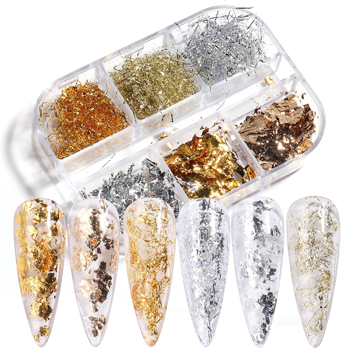 Nail Art Foil Glitter Flakes, Holographic Ultra-Thin Aluminum Foil Sequins Design, Metallic 3D Sparkly Nail Foils Acrylic Supplies for Women Girls Manicure Shiny Decorations, Gold Foil Nail Art Tips