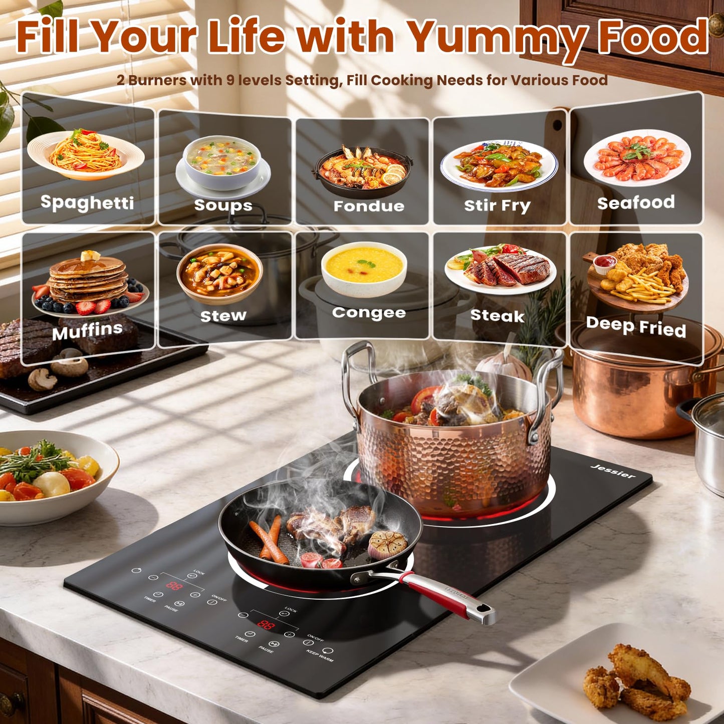 Jessier 2 Burner Electric Cooktop - 12 Inch Countertop & Built-in Electric Stove Top, 120V Plug in Electrical Cook Top, Timer, Safety Lock, Over-Temperature Protection, Sensor Touch Control