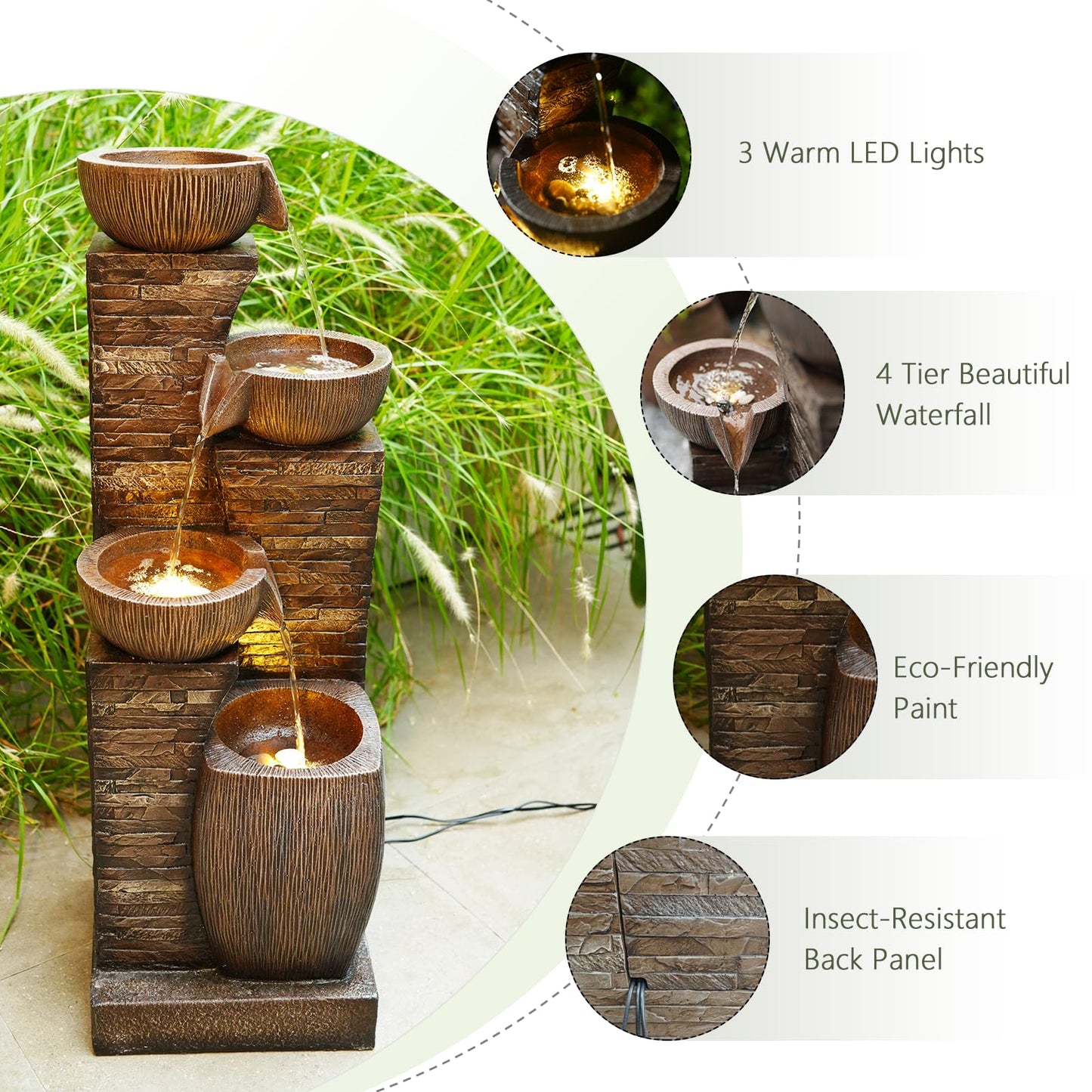 KAISOKU 38.2" Tall Outdoor Water Fountain,Stone Texture Modern 4 Tiers Cascading Bowls Garden Fountains Outdoor,Suit for Patio, Deck, Porch, Lawns, Backyard and Home Art Decor