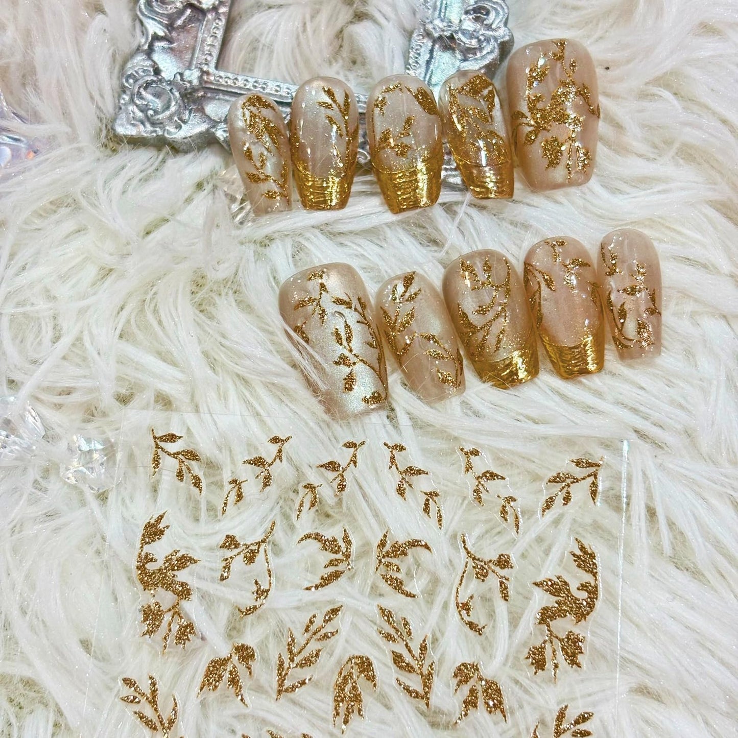 SIMAYKUWA New Chinese Style Nail Stickers - Gold Foil Glitter Golden Branches Jade Leaves Design, Self-Adhesive Nail Art Decals A Set of 1 Sheets